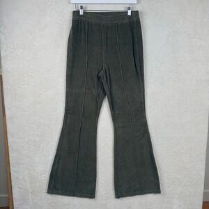 Aerie Women M Long Groove-On Rib Velour Flare Pants 70's Retro Olive Green